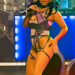 Purple custom bodysuit with harness